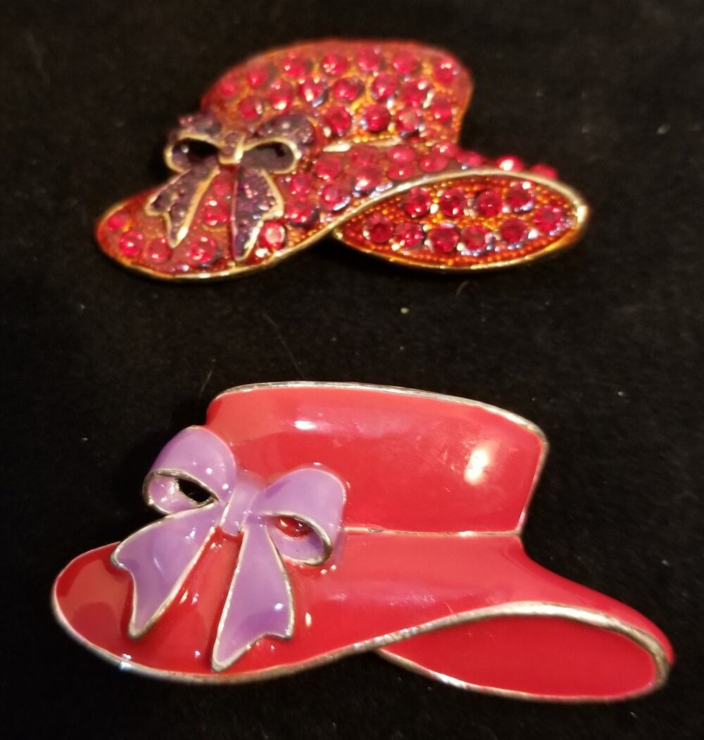 Vintage red hat lady brooches  2 1/2"  wide both can be used as pendants